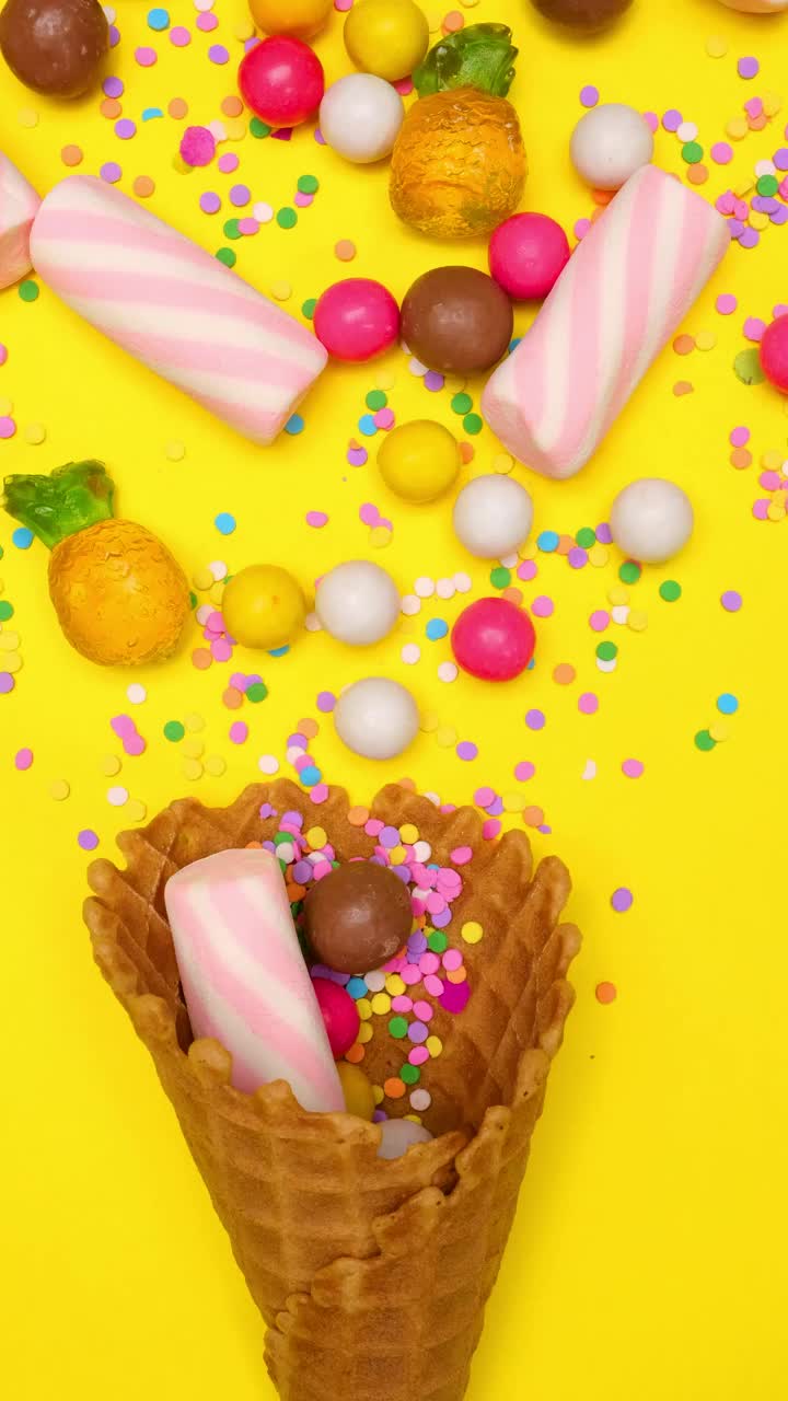 Video Stock Candies In A Waffle Cone On A Yellow Background Live Wallpaper For PC - Free Download