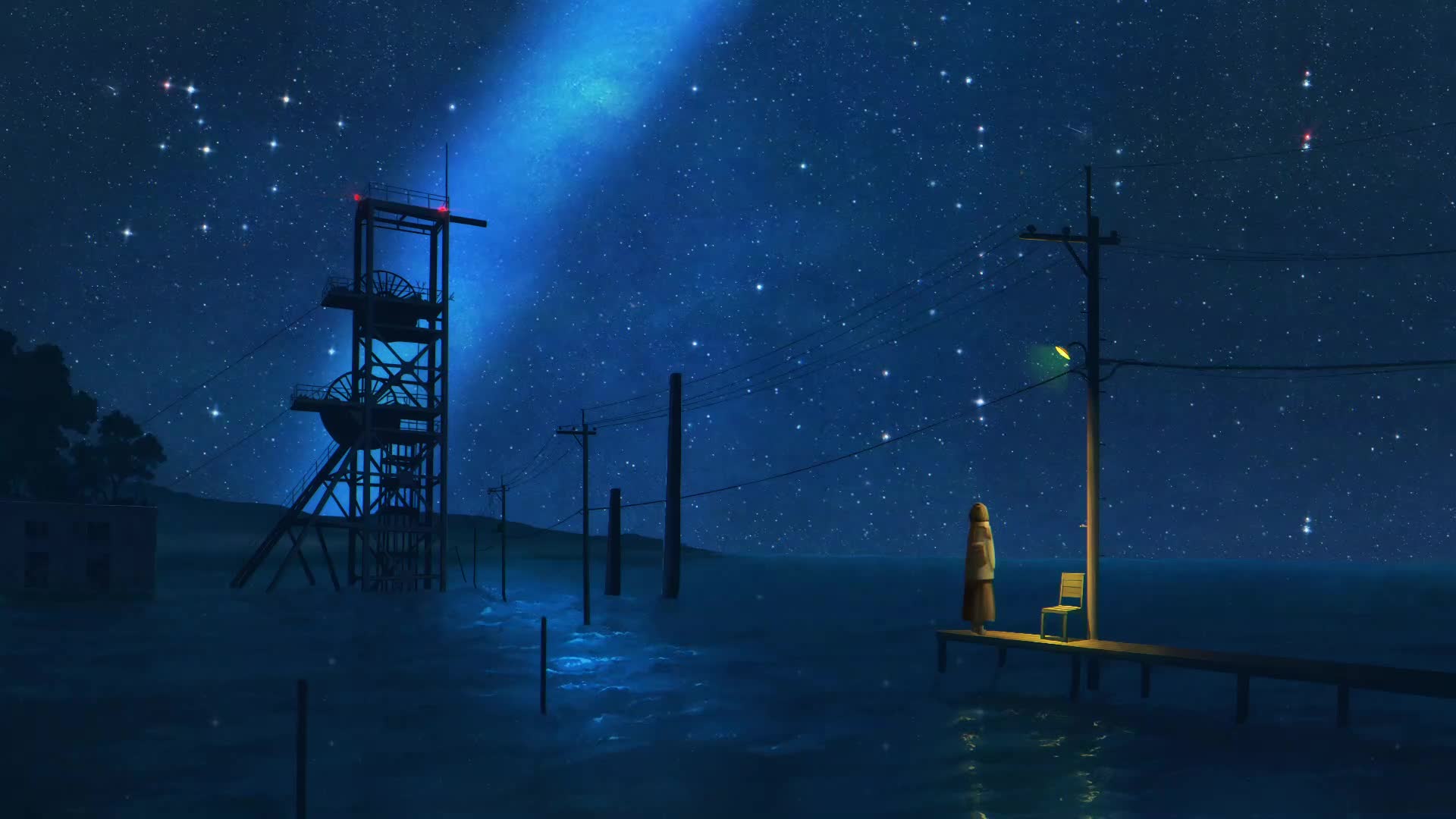Night Sky and Ocean Artwork by ぽち Live Wallpaper - Free Download