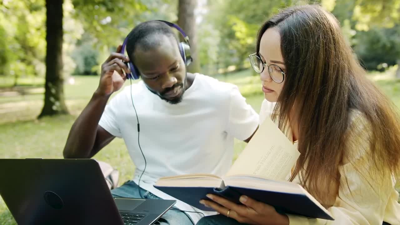 Free Video Stock Students Sit In Park And Discuss Ideas While Reading Live Wallpaper - Free Download