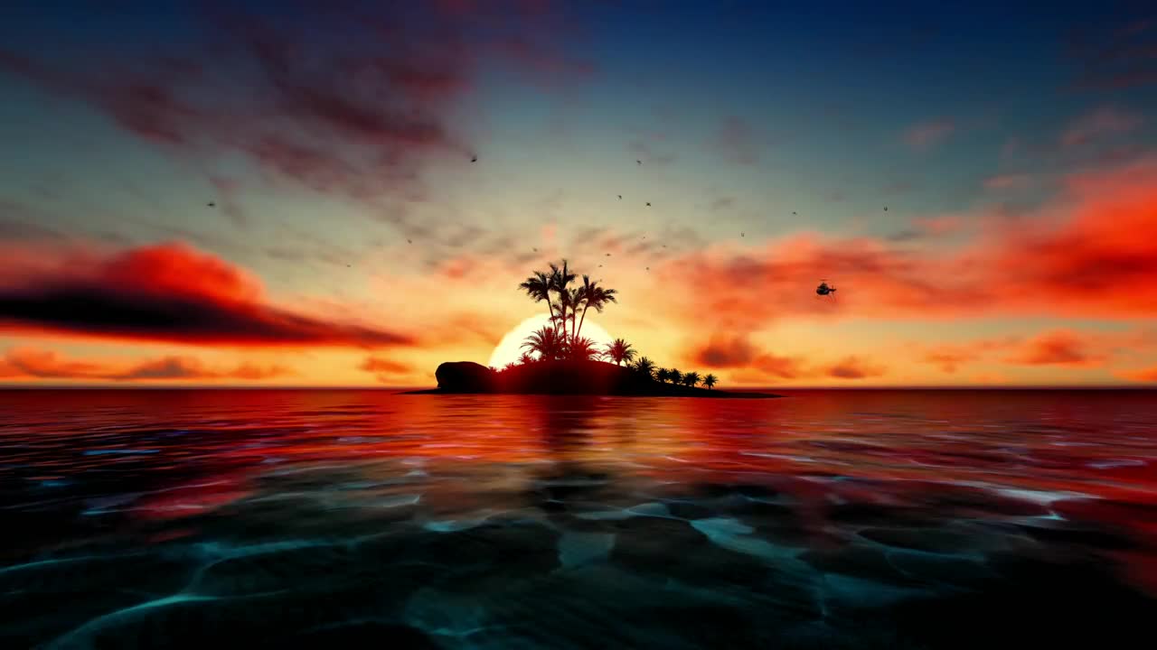 Stock Video Helicopter Flying Over An Island At Sunset Animated Wallpaper - Free Download