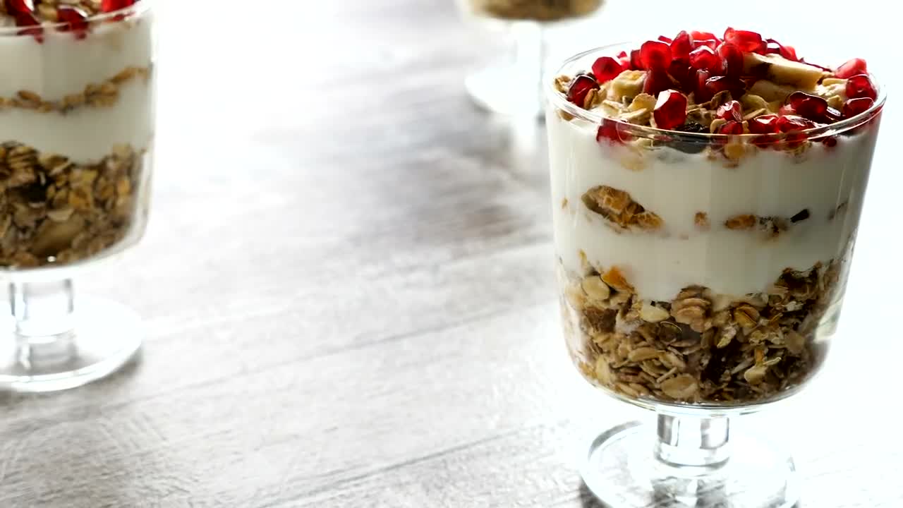 Stock Video Healthy Diet Breakfast Idea With Granola Yogurt Animated Wallpaper - Free Download