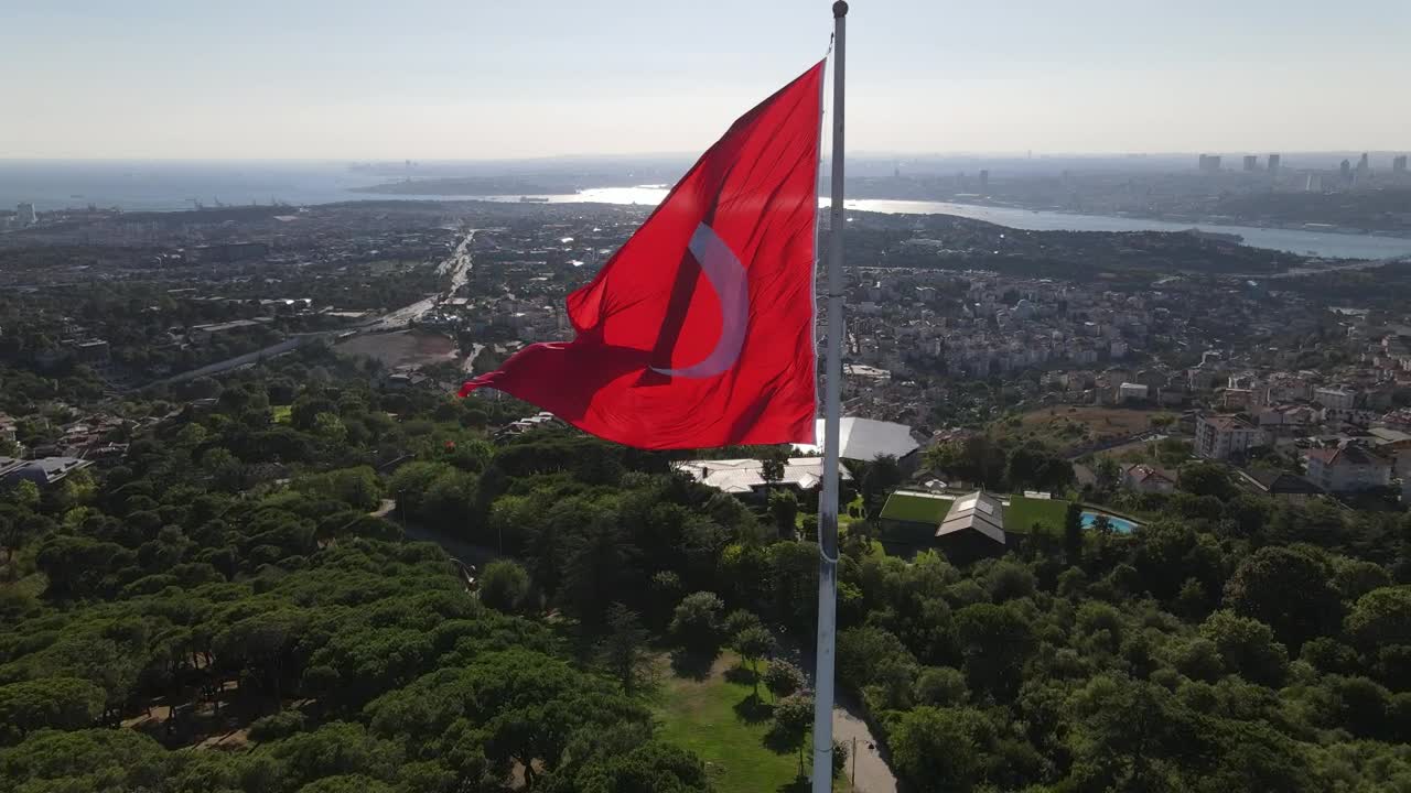 Stock Video Panorama Of The City Around A Turkish Flag On Top Live Wallpaper - Free Download