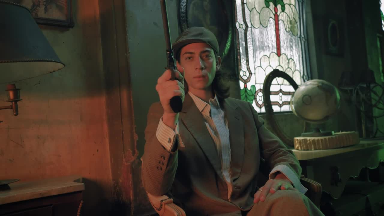 Stock Video Gangster From A Bygone Era Pointing His Gun Live Wallpaper For PC - Free Download
