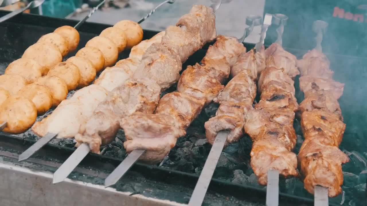 Stock Video Grilled Meat And Mushroom Skewers Close Up Live Wallpaper For PC - Free Download