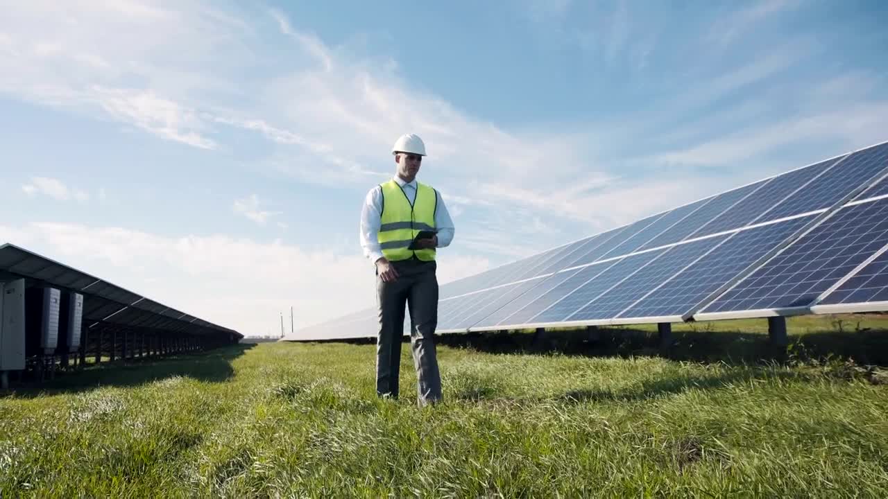 Stock Video Engineer Walking Through A Field With Solar Panels Live Wallpaper For PC - Free Download