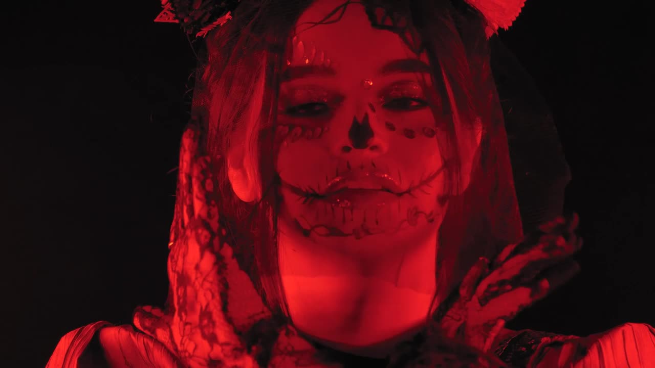 Free Stock Video Woman Disguised As A Catrina Under A Dim Red Light Live Wallpaper - Free Download