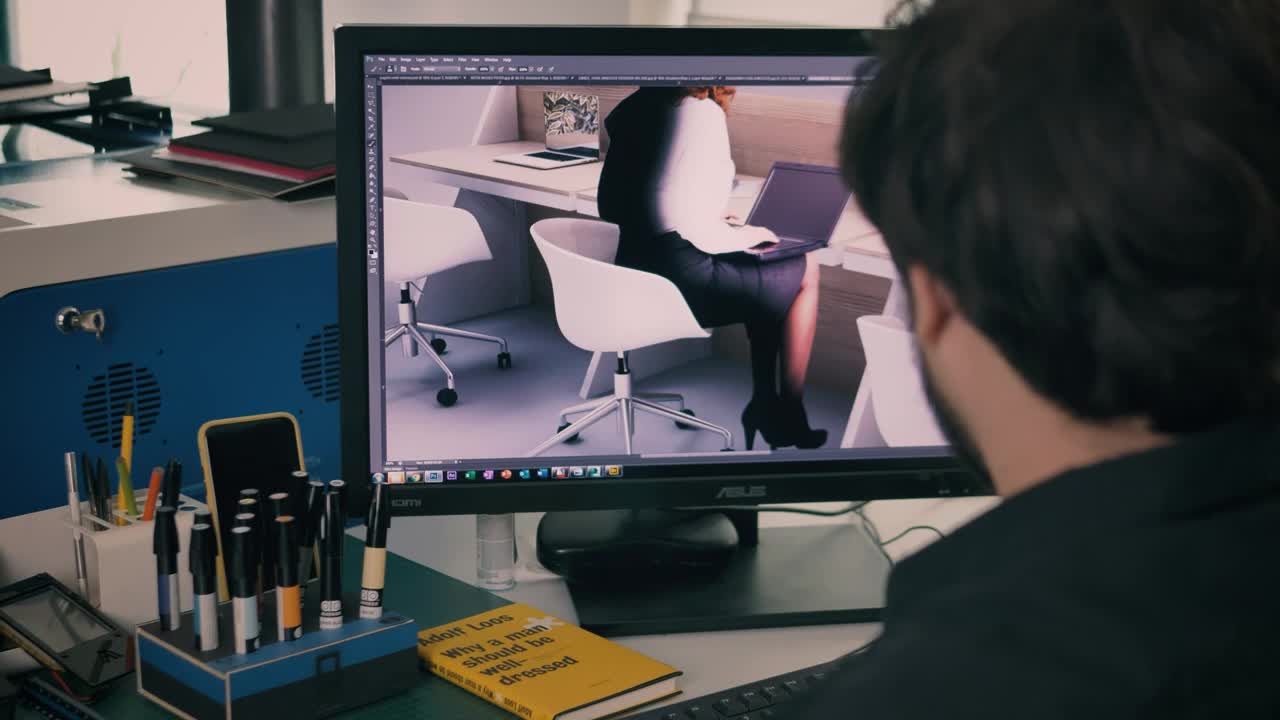 Stock Video Furniture Designer Making A Photomontage In Photoshop Live Wallpaper For PC - Free Download