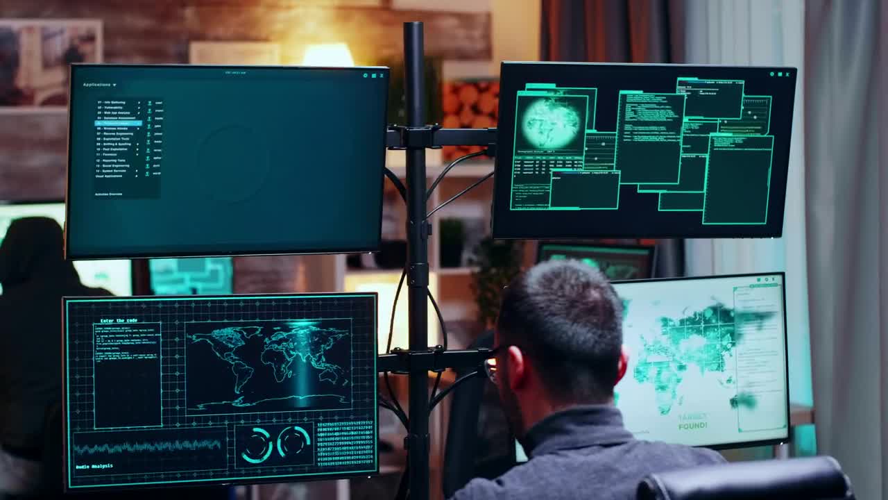 Video Stock Busy Hackers Talk Between Data Visualisations On Monitors Live Wallpaper For PC - Free Download