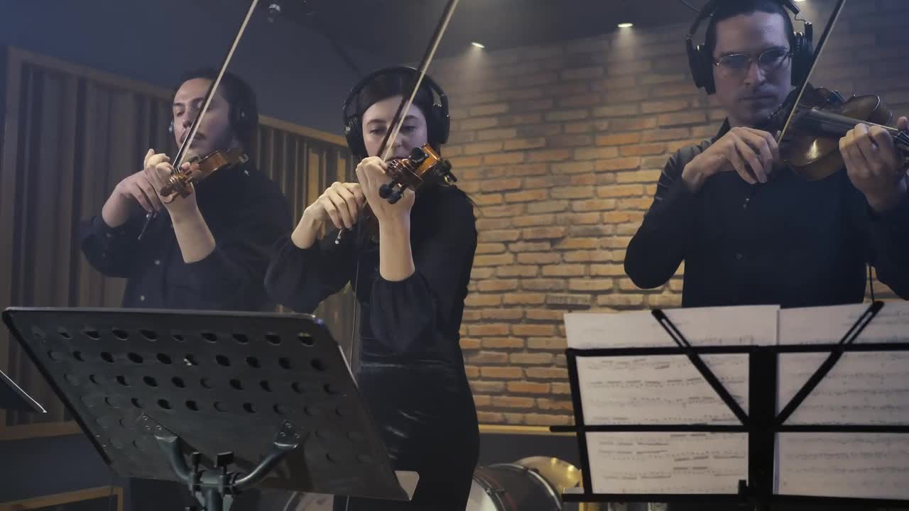 Free Video Stock three expert violinists playing together in a studio Live Wallpaper - Free Download