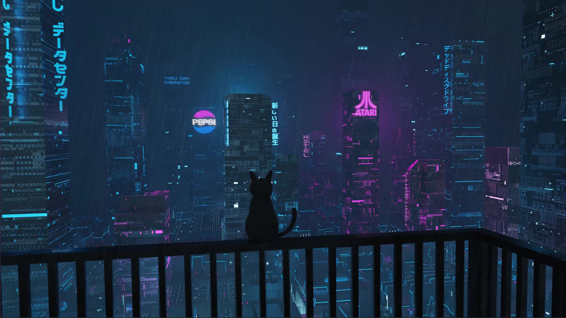 Rain in Japan City With Black Cat Live Wallpaper HD - Free Download