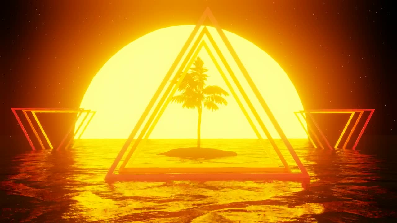 Free Stock Video Redered Vhs Style Triangles Over Palm Island With Sunset Live Wallpaper - Free Download