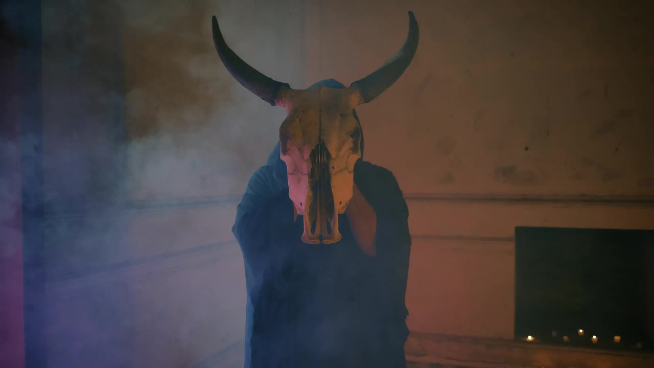 Stock Video Mysterious Person In Robe Holding A Bulls Skull Live Wallpaper - Free Download