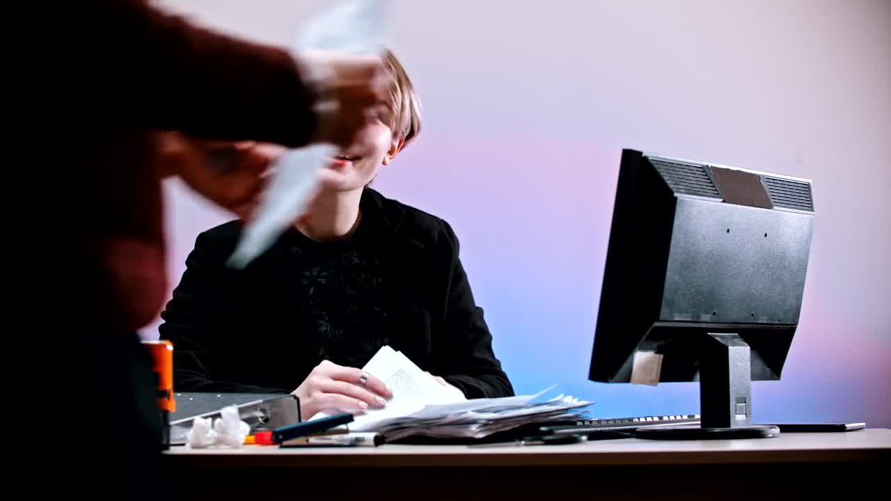 Stock Video Office Worker Sarcastically Shows A Sadness Sign Live Wallpaper - Free Download