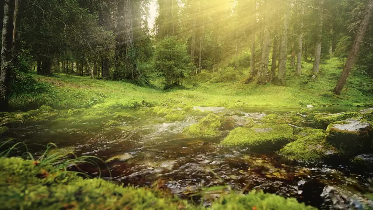 Free Video Stock Sunbeams On Flowing River In Mossy Forest Live Wallpaper - Free Download