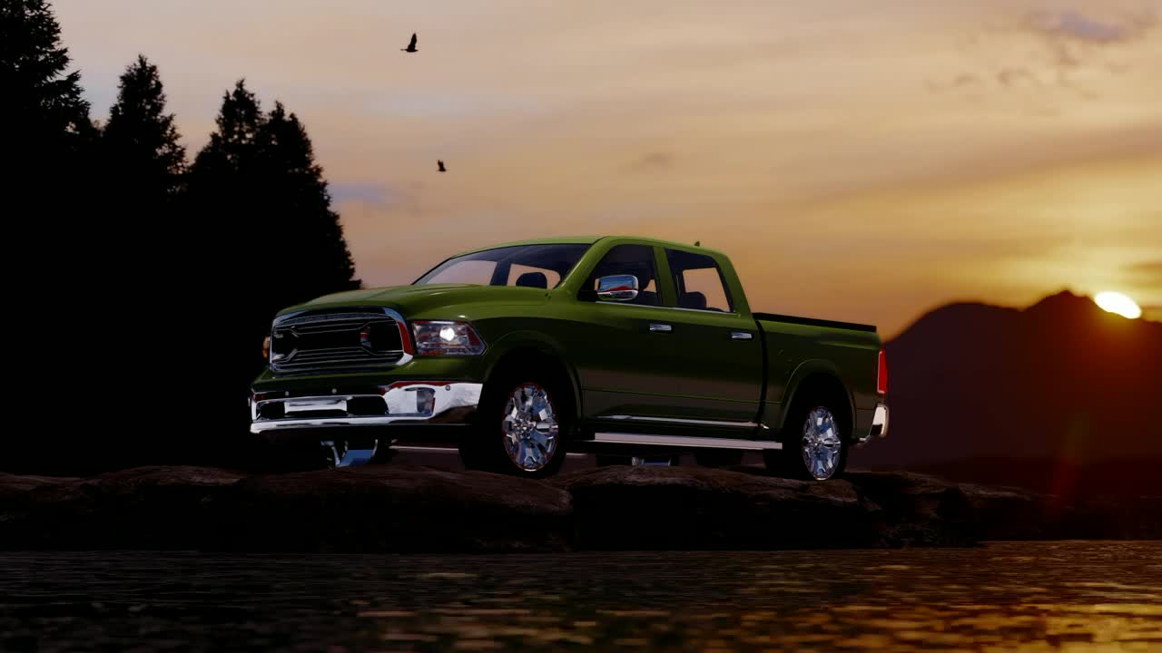 Stock Video Green Pickup Near A River At Sunset Live Wallpaper For PC - Free Download