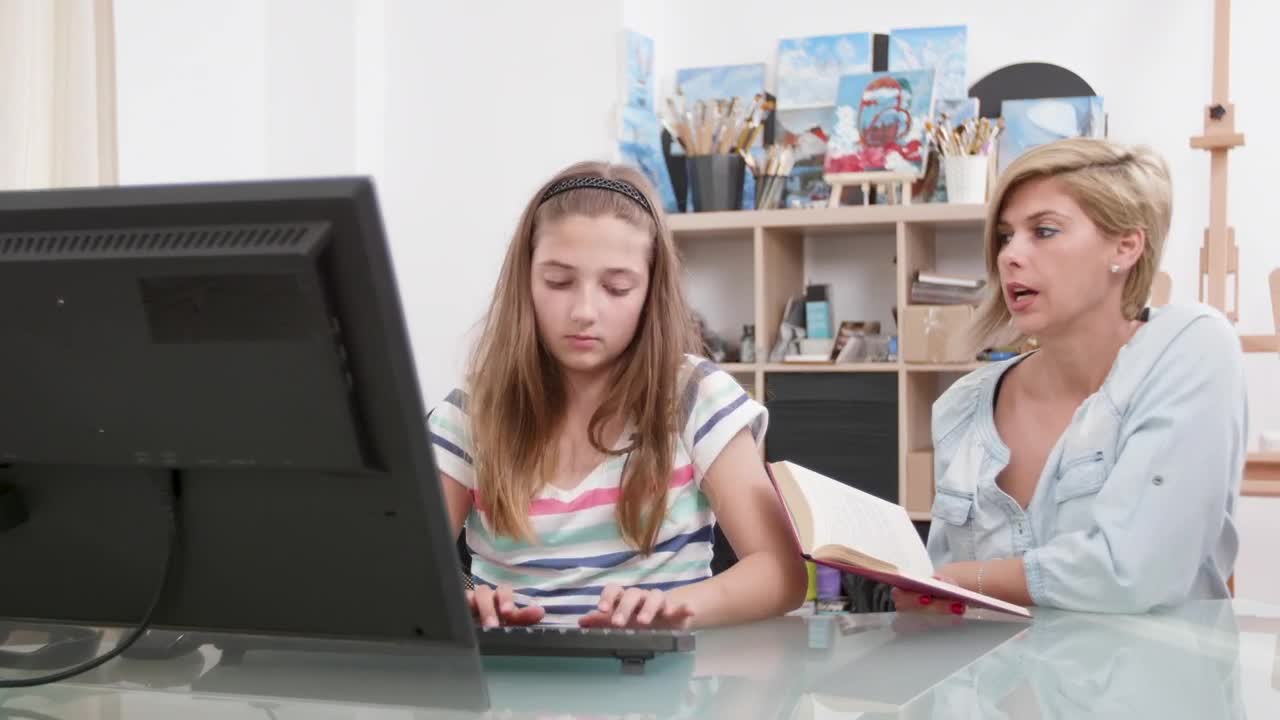 Stock Video Mom Helping Girl Learn Computer Skill Animated Wallpaper - Free Download