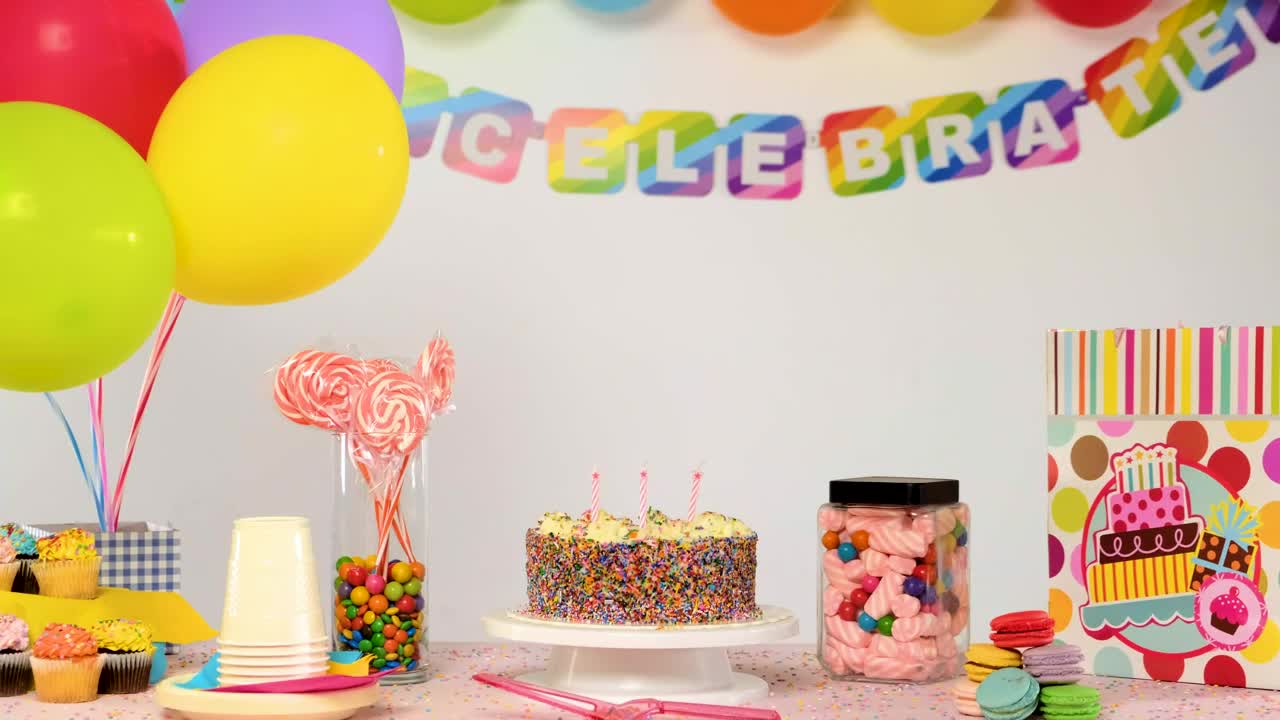 Stock Video Birthday Party Table With Balloons Falling Live Wallpaper For PC - Free Download