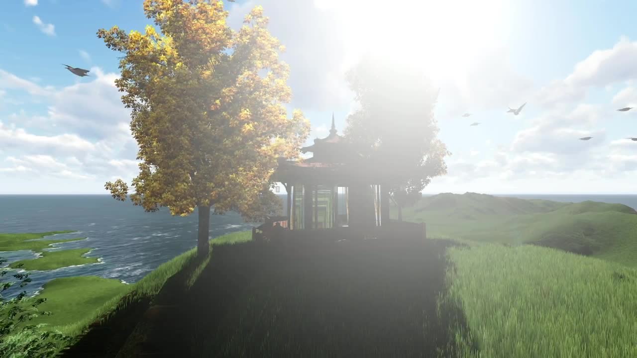 Stock Video Japanese House In A Meadow Near The Sea Animated Wallpaper - Free Download