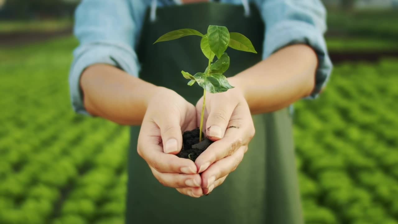Stock Video Hands Hold Watered Plant With Eco Farm In Background Animated Wallpaper - Free Download