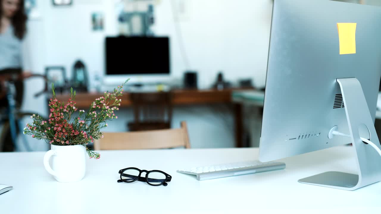 Stock Video Desk View Of Woman Walking Bike Into Modern Office Live Wallpaper For PC - Free Download