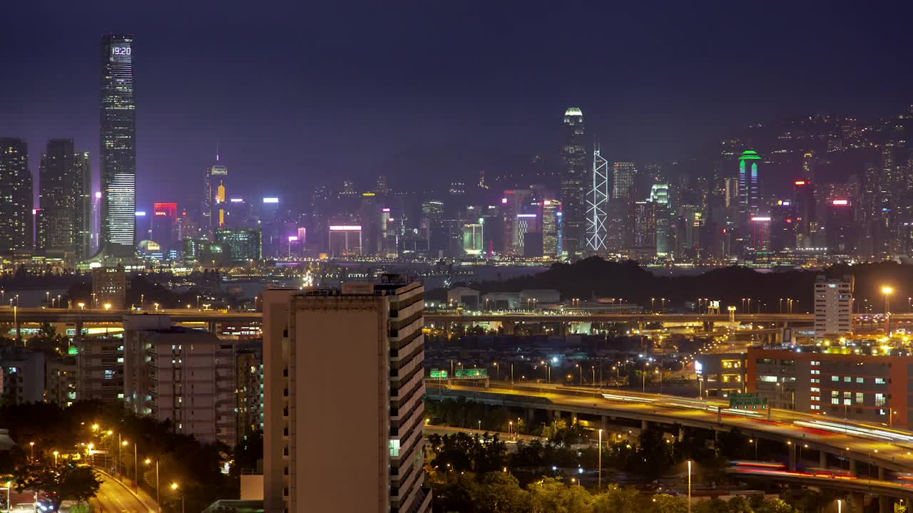 Stock Video Hong Kong City Skyline And Overpass At Night Animated Wallpaper - Free Download