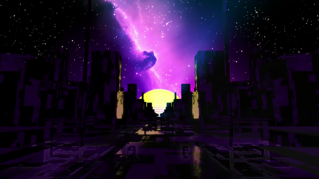 Stock Video Cyberpunk Virtual City At Night With Galaxy In The Background Live Wallpaper For PC - Free Download