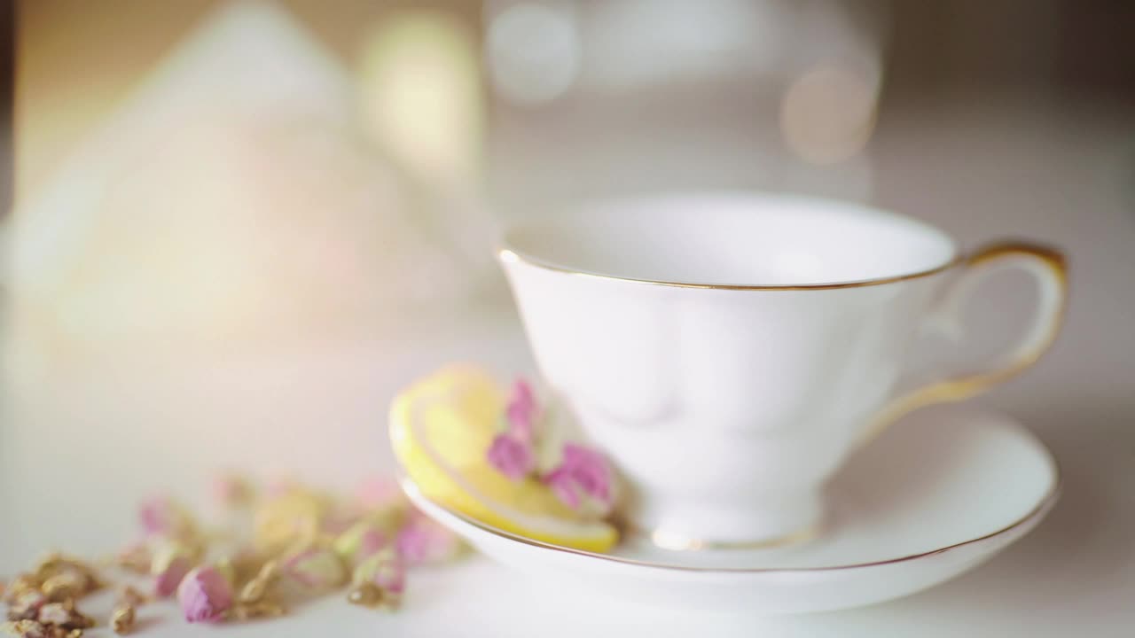 Free Video Stock tea poured into classic china tea cup with flowers Live Wallpaper - Free Download