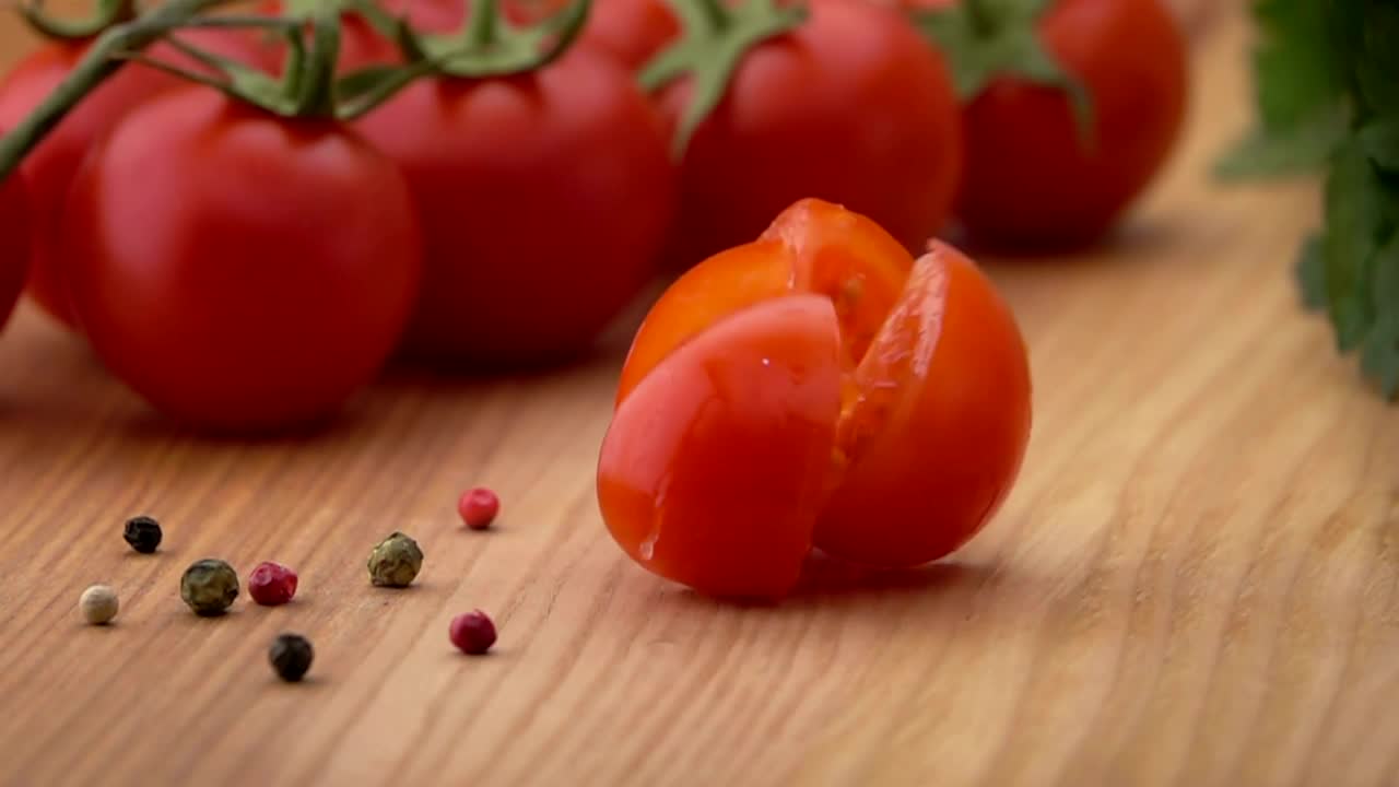 Free Video Stock Sliced Tomato Falls On A Wooden Board Live Wallpaper - Free Download