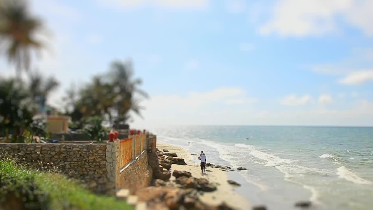 Free Video Stock tilt shift of people walking on windy beach Live Wallpaper - Free Download
