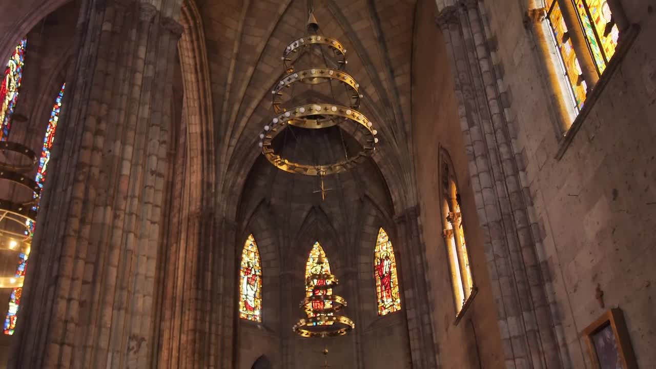 Stock Video Gothic Church Inside With Colorful Stained Glass Windows And A Live Wallpaper For PC - Free Download