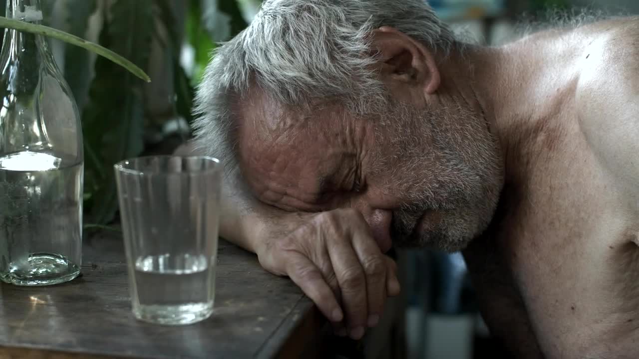 Stock Video Old Shirtless Drunk Man Sleeping On A Table Live Wallpaper - Free Download