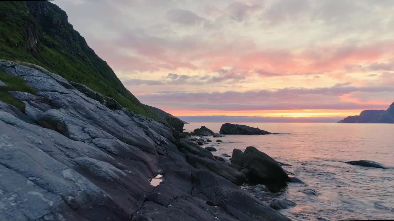 Free Video Stock sunset drone flyover of rocky norway sea coast Live Wallpaper - Free Download