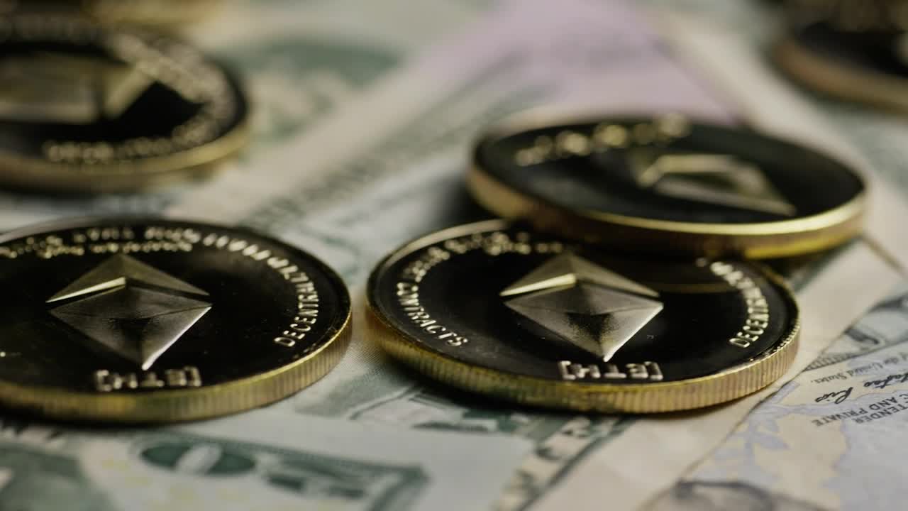 Stock Video Ethereum Golden Coins Over Dollar Bills Live Wallpaper For PC - Free Download