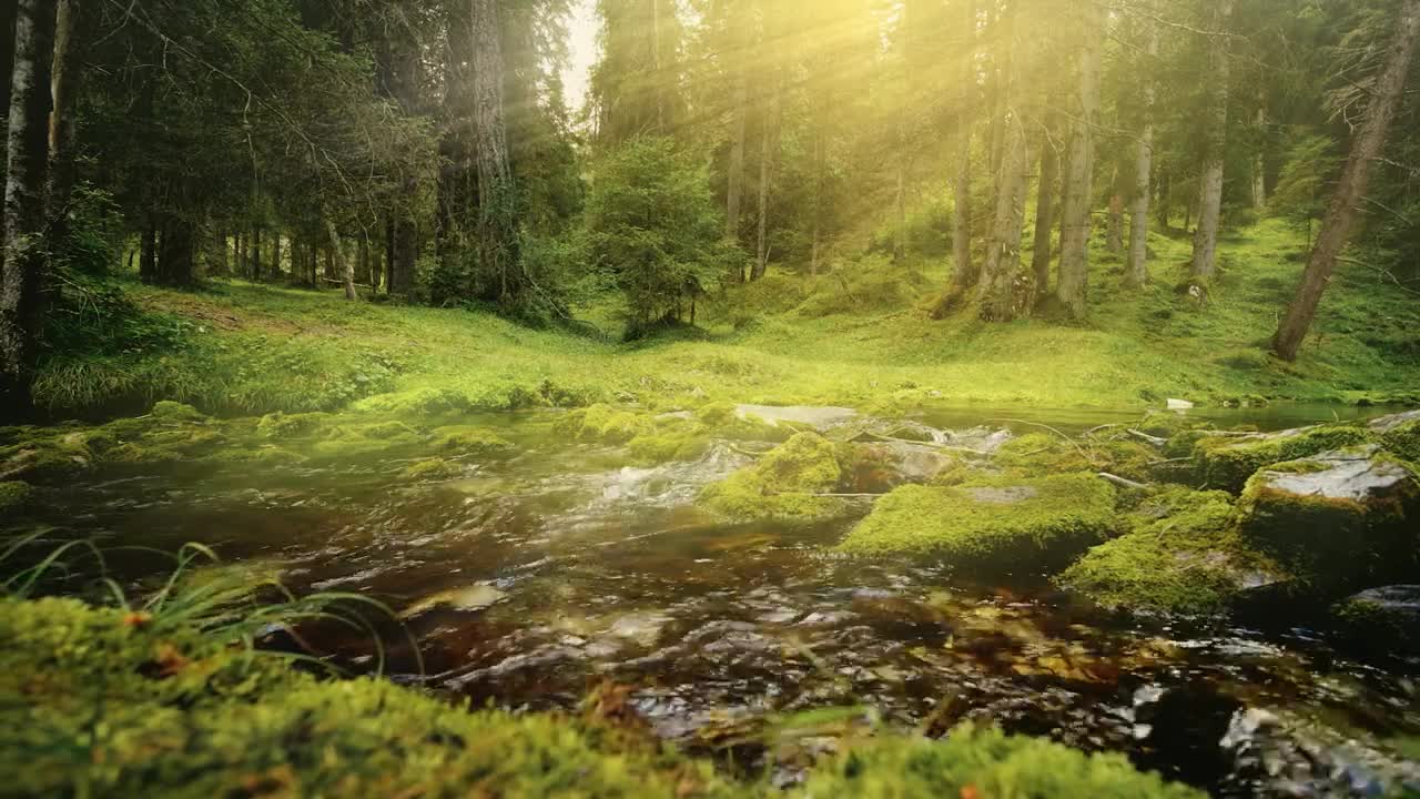 Free Video Stock Sunbeams On Flowing Water In Lush Green Forest Live Wallpaper - Free Download