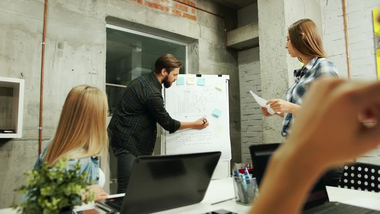 Stock Video Man Explains Growth To Team With Whiteboard Animated Wallpaper - Free Download