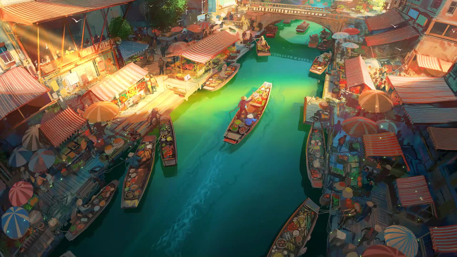 Anime River Market Boats Live Wallpaper - Free Download