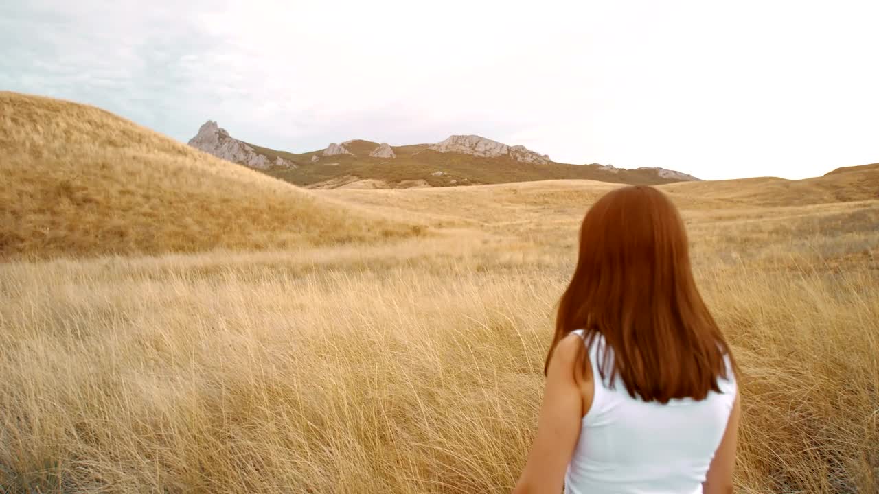 Free Stock Video Woman Walks Through A Dry Meadow Feeling Freedom Live Wallpaper - Free Download