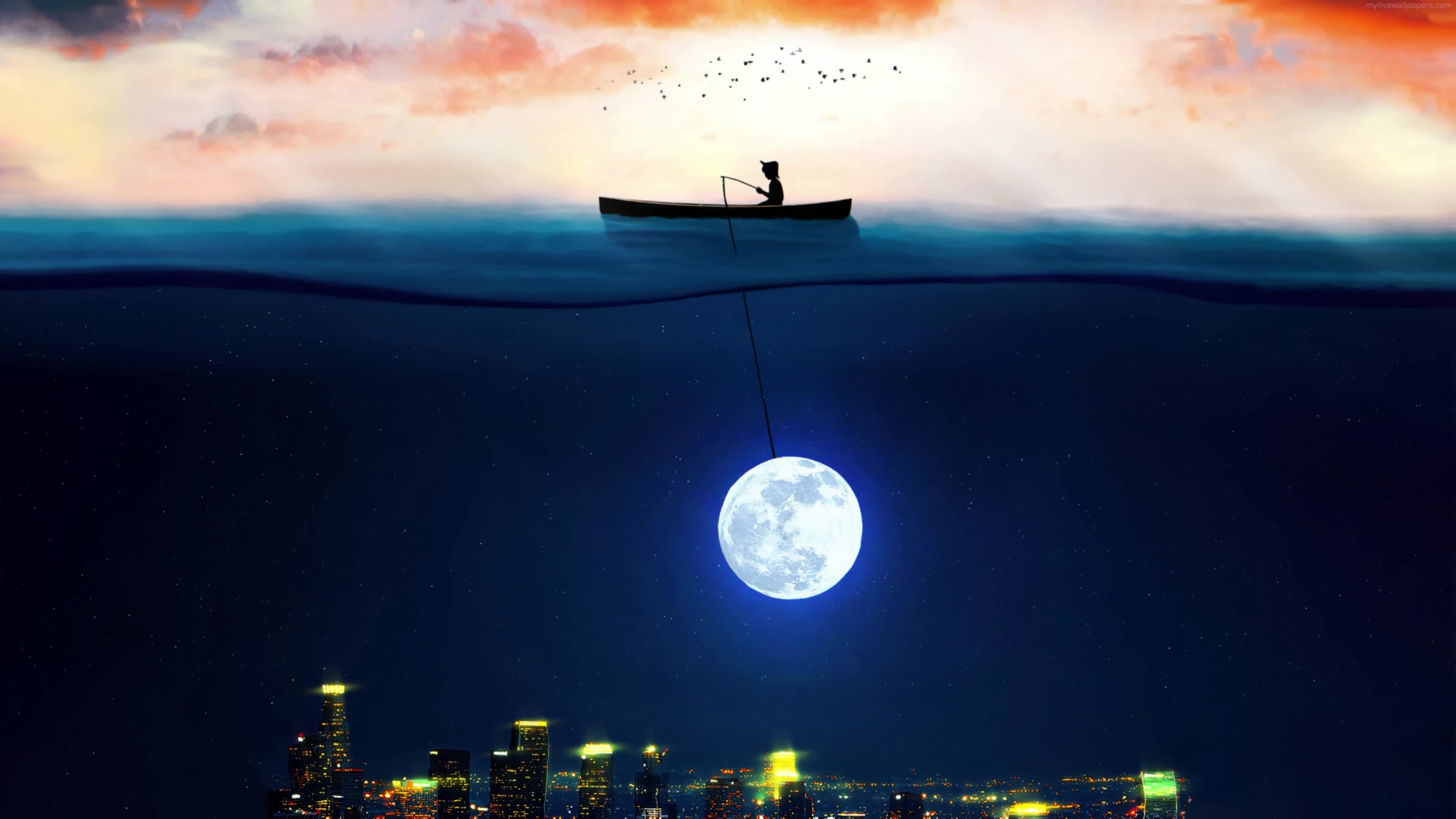 Moon Fishing Sea and the City 4K Live Wallpaper - Free Download