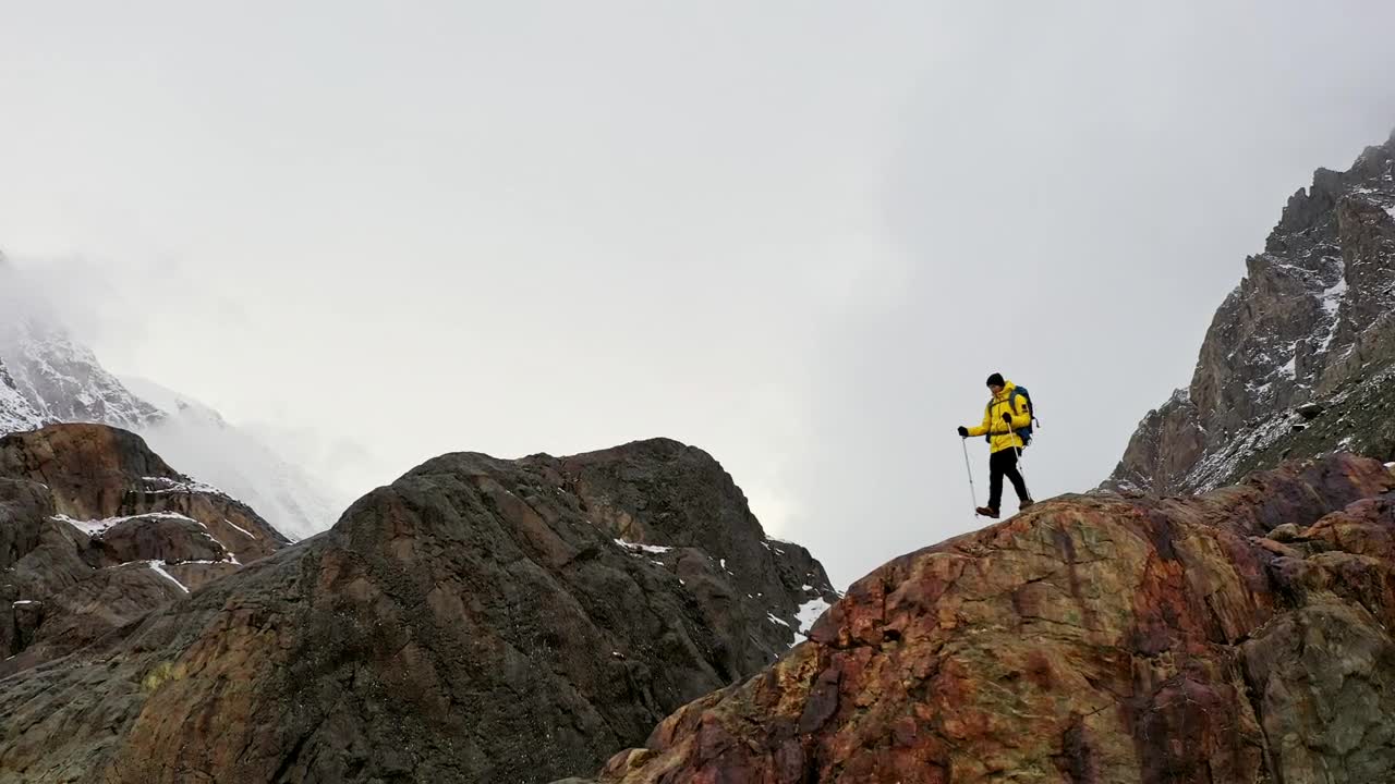 Stock Video Man In Yellow Coat Cheers On Mountain Ridg Animated Wallpaper - Free Download