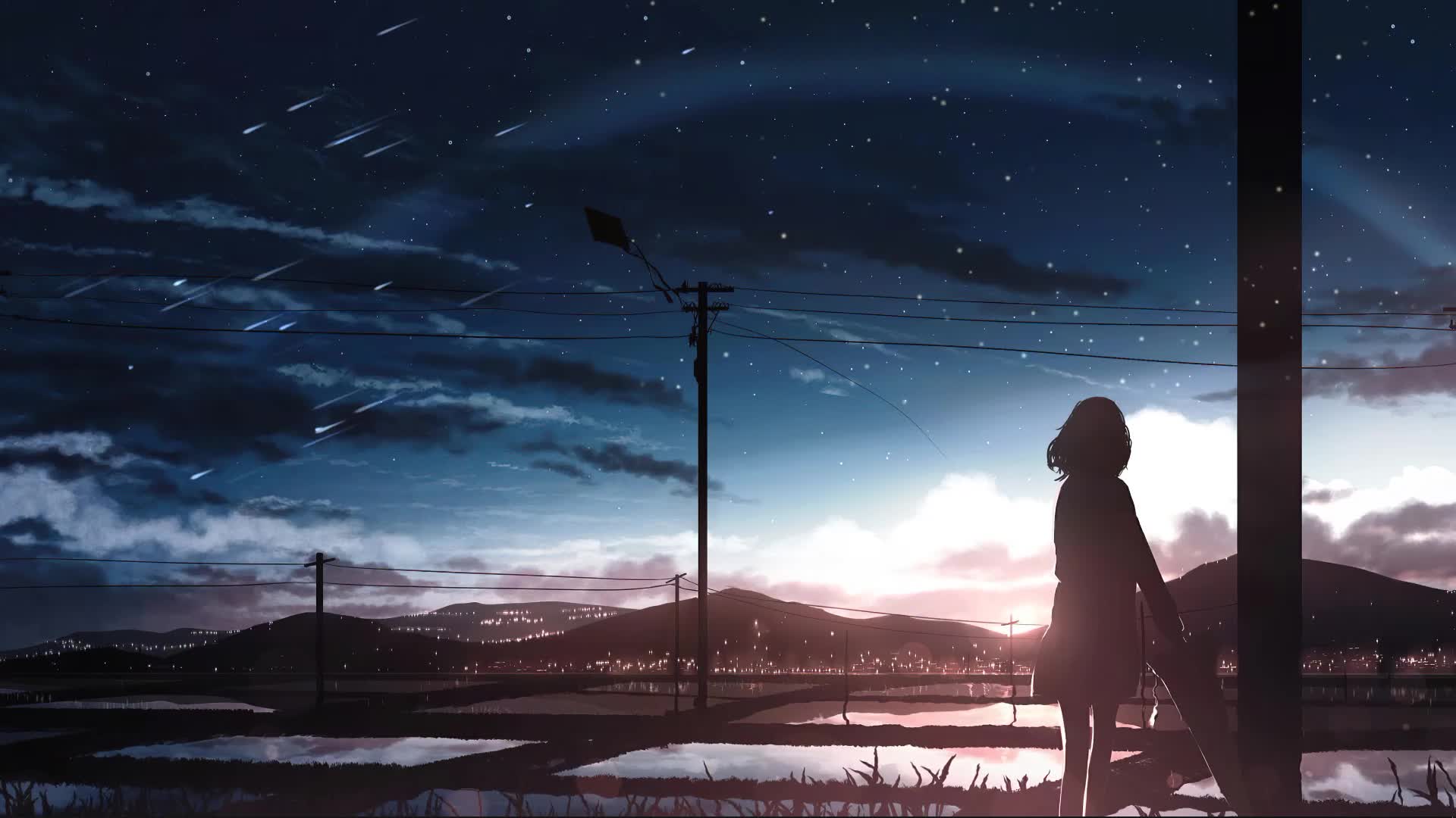 Girl Clouds City and Falling Stars Live Wallpaper - Free Download