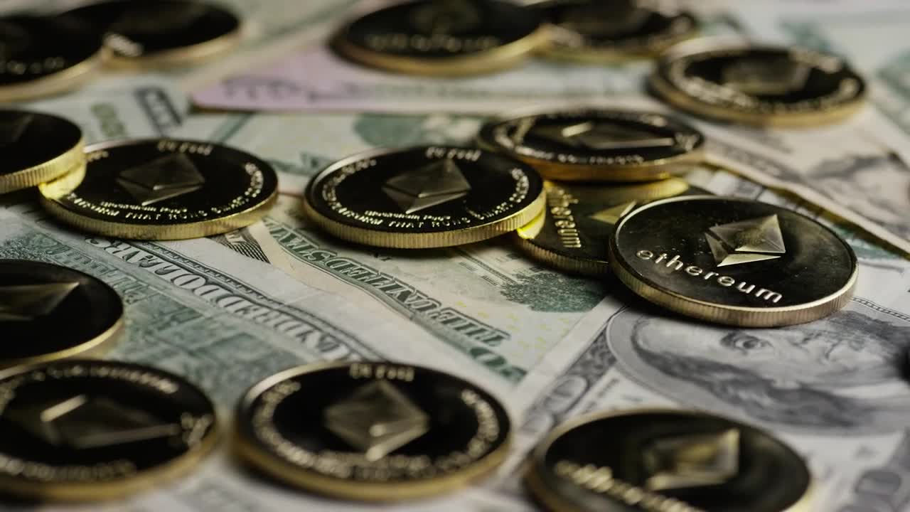 Free Stock Video Rotating Take Of Ethereum Coins Over Dollar Bills Live Wallpaper - Free Download