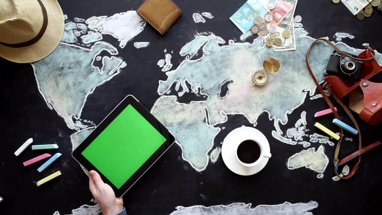 Stock Video Flatlay Of Money Travel Items And Hand Swiping Tablet Live Wallpaper For PC - Free Download