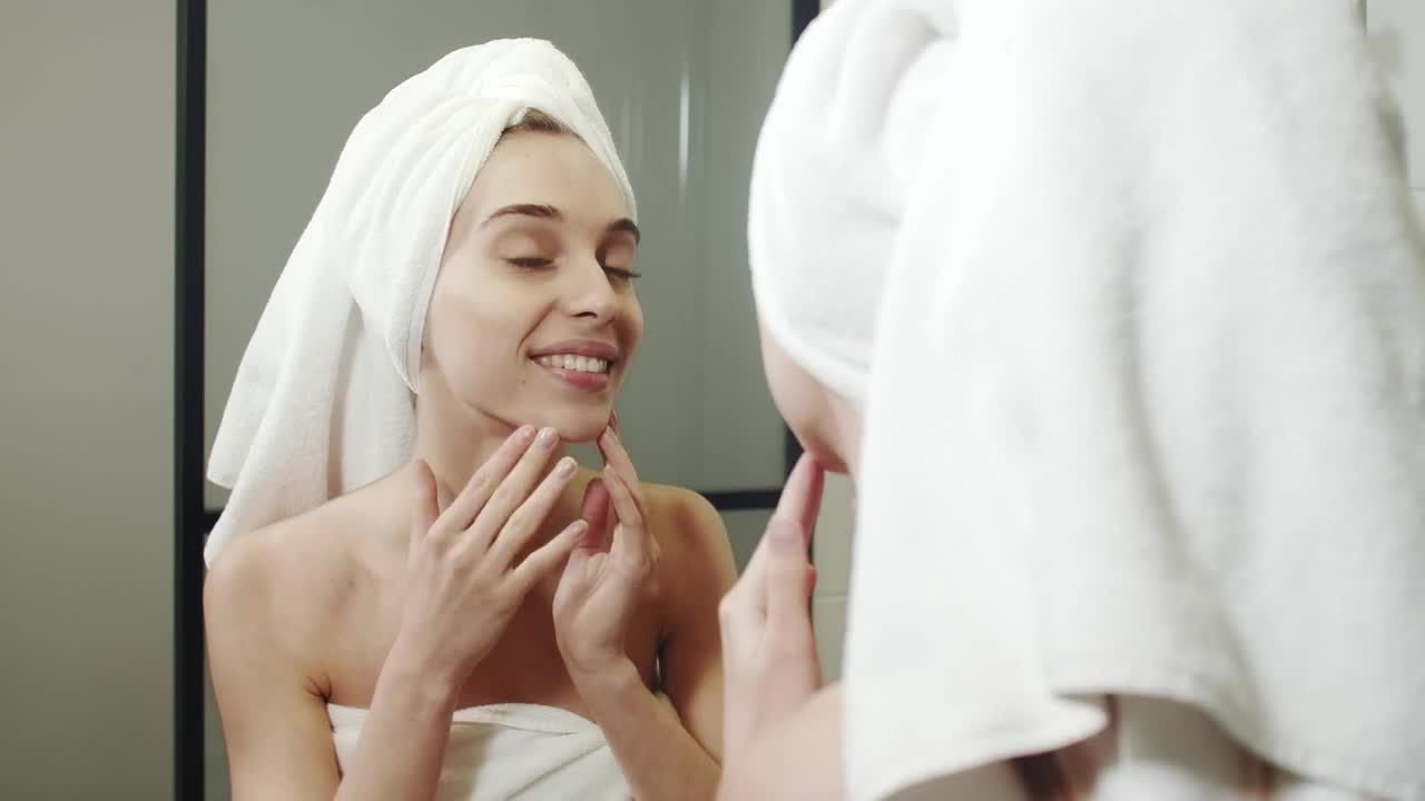 Stock Footage Woman Admires Reflection After Shower Live Wallpaper - Free Download