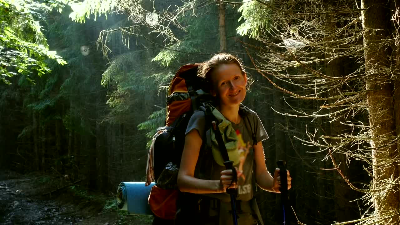 Stock Video Hiker Woman With Big Backpack In The Forest Animated Wallpaper - Free Download
