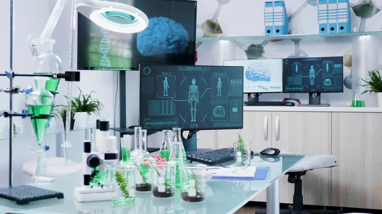 Stock Video Futuristic Diagrams Of Dna Scans In Modern Lab Live Wallpaper For PC - Free Download
