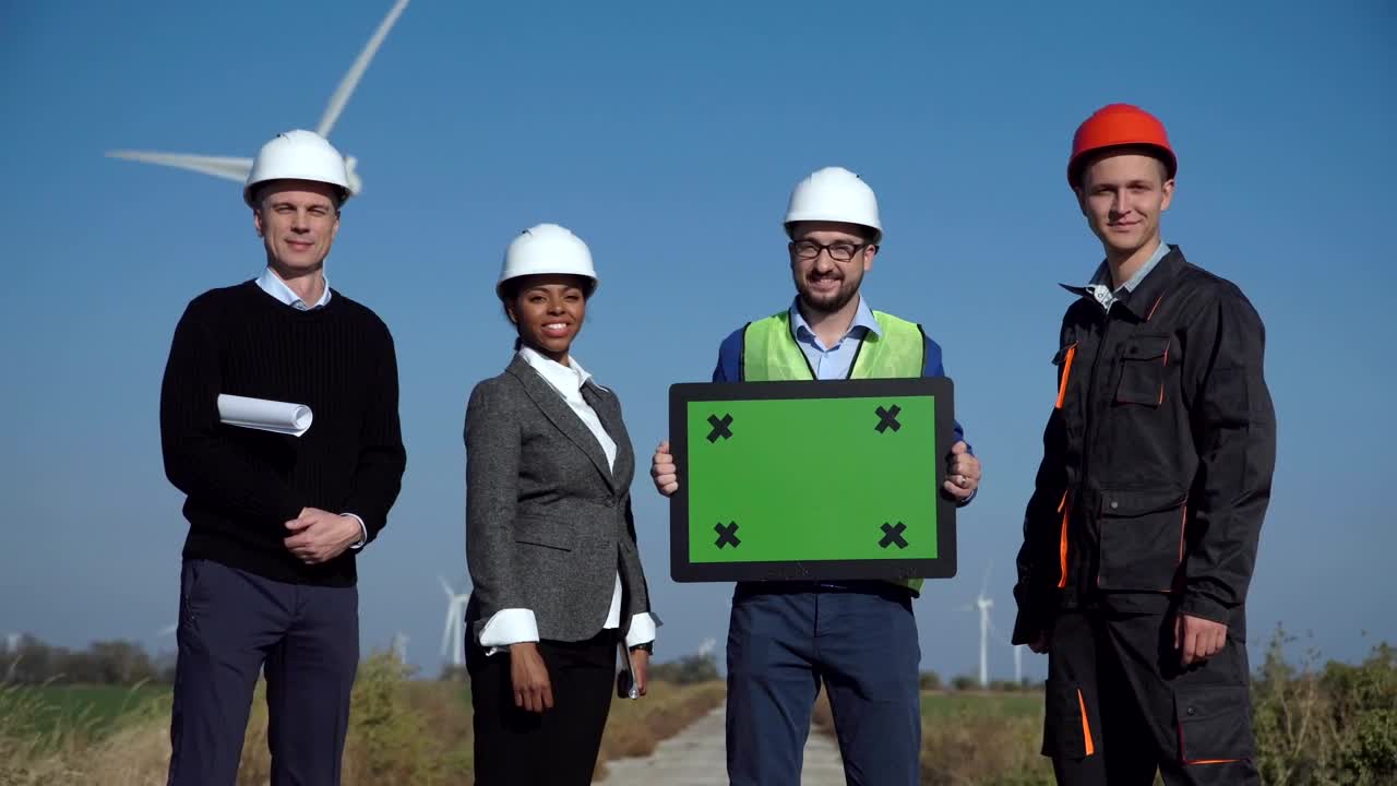 Stock Video Engineers On A Wind Farm Holding A Green Screen Live Wallpaper For PC - Free Download