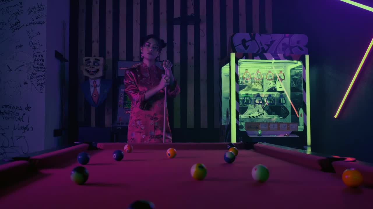 Stock Video Elegant Asian Woman Playing Billiards In A Game Room Live Wallpaper For PC - Free Download