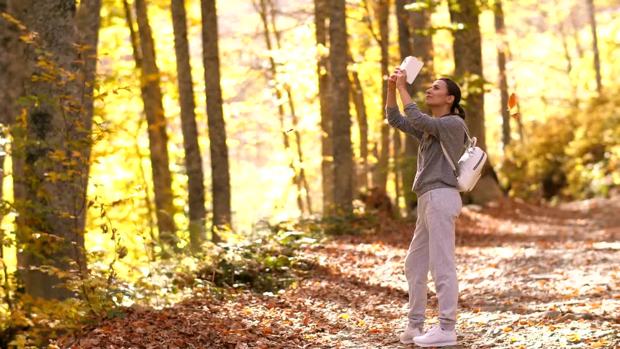 Free Video Stock taking photos with her cell phone of autumn nature Live Wallpaper - Free Download
