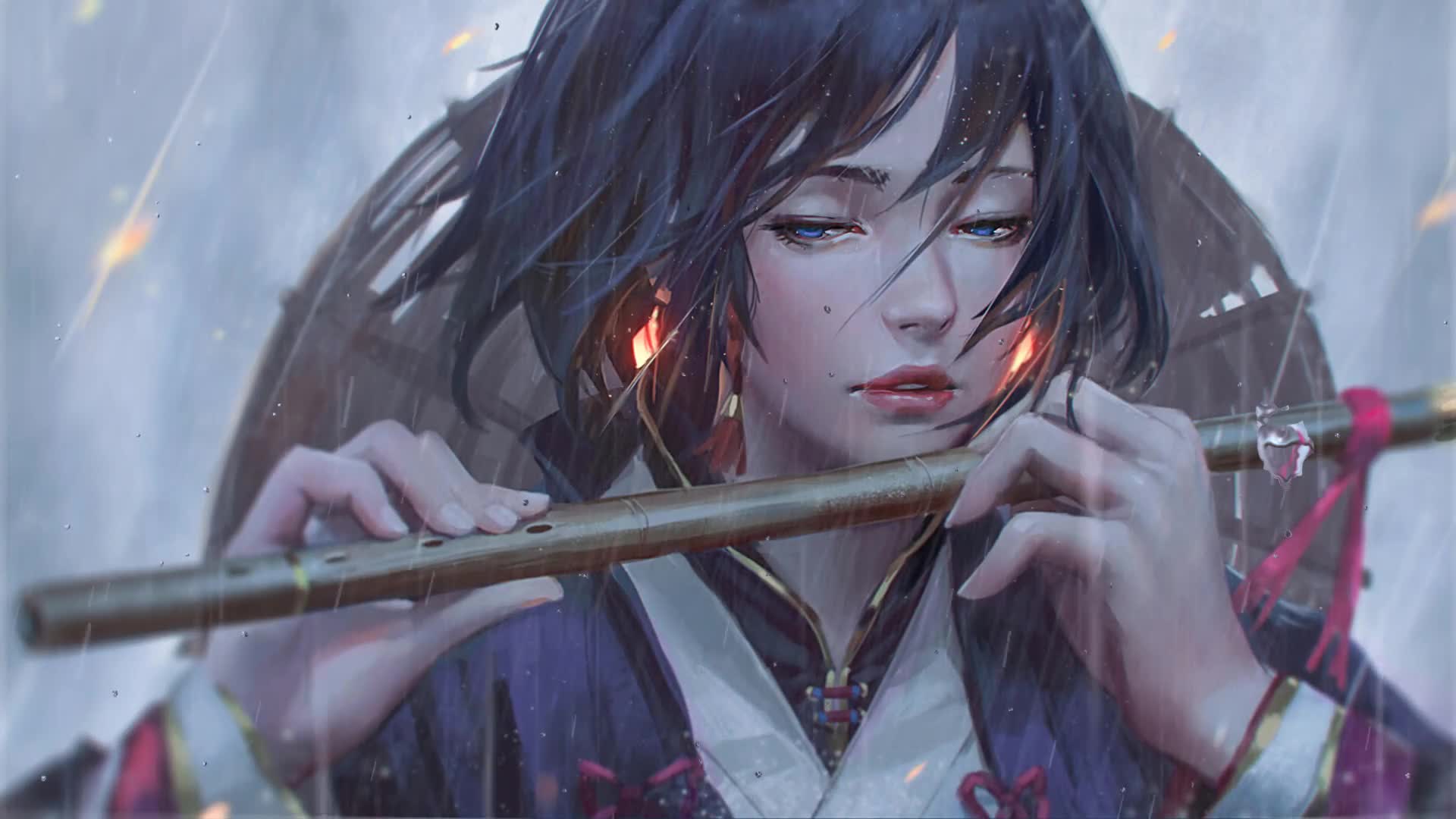 Girl With Flute In Rain Anime Live Wallpaper Free - Free Download