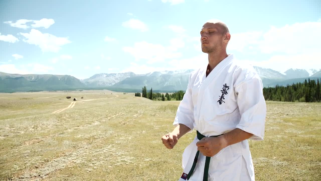 Stock Video Karate Black Belt Meditating In Open Field Landscape Animated Wallpaper - Free Download